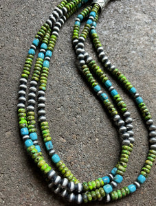 Sterling Silver Multi Strand Blue Green Turquoise Bead Necklace. 24 inch