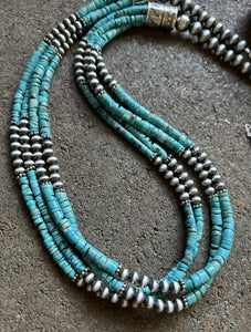 Sterling Silver Multi Strand Turquoise W Pearls Bead Necklace. 24 inch