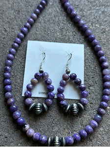 Sterling Silver Purple Charoite Bead Necklace W Earrings Set. Gift 18 Inch