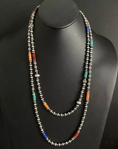 Long Sterling Silver Multi Stone Bead Necklace. 60 inch