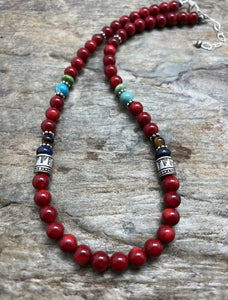 Sterling Silver Multi Stone Red Coral Bead Necklace 18 inch