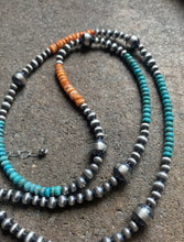 Load image into Gallery viewer, Sterling Silver Turquoise Spiny Oyster W Navajo Pearls Bead Necklace. 30 inch