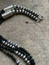 Load image into Gallery viewer, Sterling Silver Multi Strand Black Onyx W Navajo Pearls Bead Necklace. 25.5 Inch