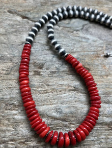 Sterling Silver Red Coral Bead Necklace 18 inch