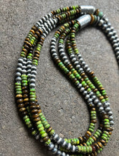 Load image into Gallery viewer, Sterling Silver Multi Strand Green Turquoise Tigers Eye Bead Necklace. 30 inch