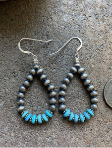 Sterling Silver Blue Turquoise W Pearls Bead Loop Earrings.