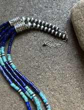 Load image into Gallery viewer, Sterling Silver Multi Strand Stone Lapis Turquoise Bead Necklace. 24 inch