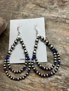 Sterling Silver Pearls Double Loop Lapis Bead Earrings.