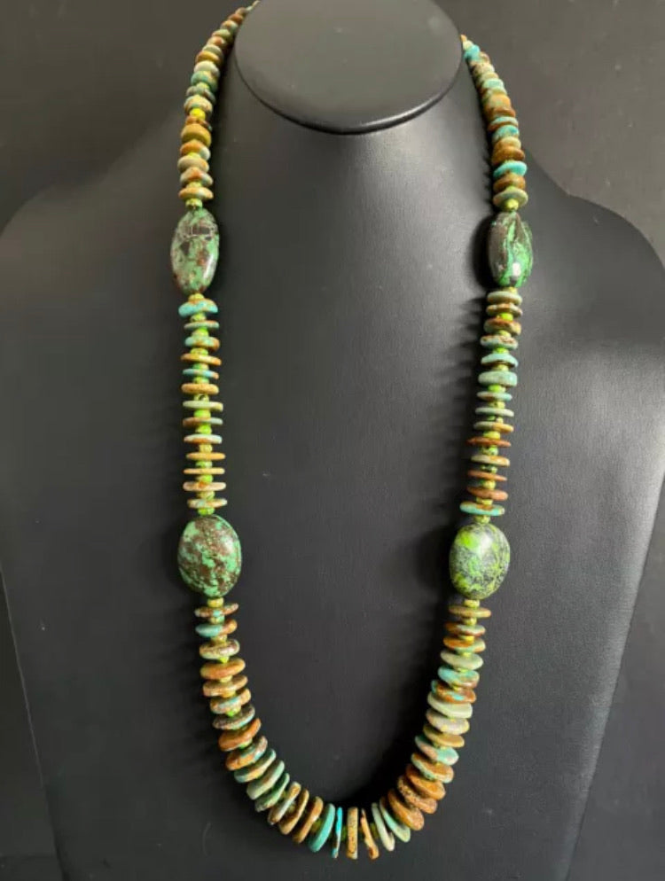 Long Sterling Silver Green Turquoise Bead Necklace. 32 inch