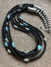 Load image into Gallery viewer, Sterling Silver Multi Strand Black Onyx with Turquoise Bead Necklace. 24 Inch