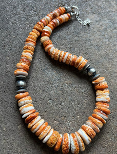 Sterling Silver Graduated Orange Spiny Oyster Bead Necklace. 18 inch