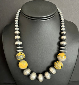 Sterling Silver Bumblebee Jasper W Pearls Bead Necklace. 18 inch