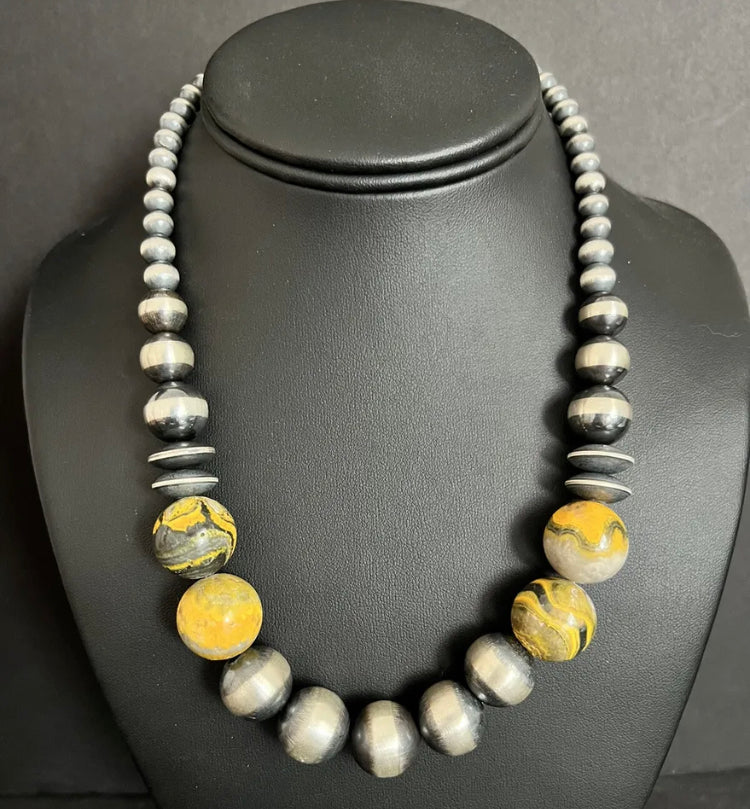 Sterling Silver Bumblebee Jasper W Pearls Bead Necklace. 18 inch