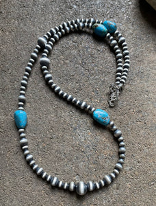 Sterling Silver Turquoise W Pearls Bead Necklace. 25 inch