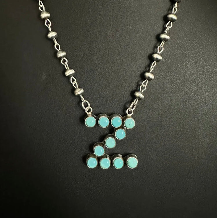 Z Alphabet Navajo Sterling Silver Blue Turquoise Rosary Bead Necklace 22 inch KY