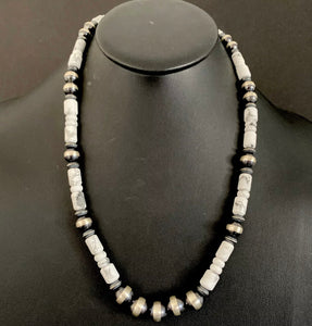 Sterling Silver White Buffalo Turquoise W Navajo Pearls Bead Necklace. 23.5 inch