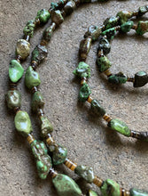 Load image into Gallery viewer, Sterling Silver Green Turquoise Nuggets with Heishi Bead Necklace. 60 inch