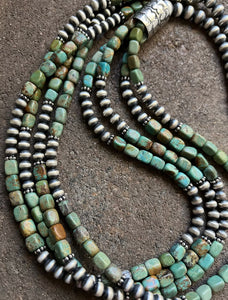 Sterling Silver Multi Strand Green Turquoise Bead Necklace. 30 inch