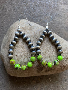 Sterling Silver Green Turquoise W Pearls Bead Loop Earrings.