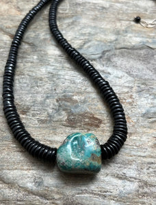 Sterling Silver Graduated Black Onyx Turquoise Bead Necklace. 18 Inch