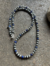 Load image into Gallery viewer, Sterling Silver Blue Lapis W 6mm Pearls Bead Necklace. 24 inch