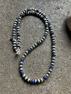 Sterling Silver Blue Lapis W 6mm Pearls Bead Necklace. 24 inch