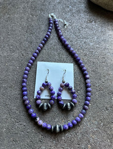 Sterling Silver Purple Charoite Bead Necklace W Earrings Set. Gift 18 Inch