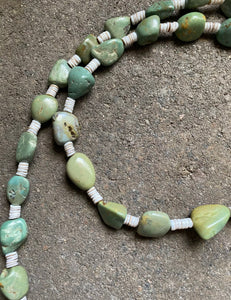 Sterling Silver Green Turquoise Nuggets with Heishi Bead Necklace. 36 inch