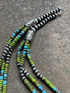 Sterling Silver Multi Strand Blue Green Turquoise Bead Necklace. 24 inch