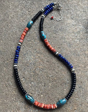 Load image into Gallery viewer, Sterling Silver Multi Stone Turquoise Lapis Onyx Spiny Bead Necklace 18 inch
