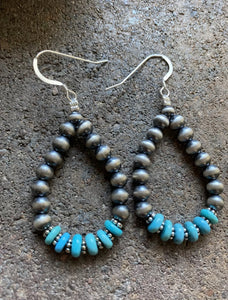 Sterling Silver Blue Turquoise W Pearls Bead Loop Earrings.