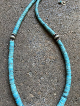 Load image into Gallery viewer, Sterling Silver Graduated Blue Turquoise Heishi Bead Necklace. 18 inch