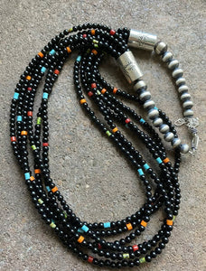 Sterling Silver Multi Strand Black Onyx Multi Stone Bead Necklace. 24 Inch