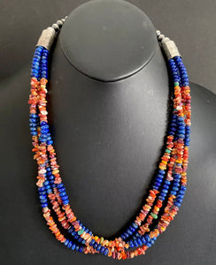 Sterling Silver Multi Strand Lapis Spiny Oyster Bead Necklace. 24 inch