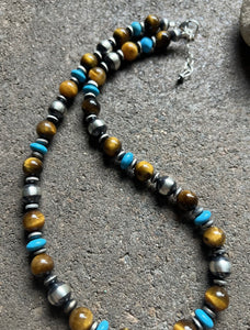 Sterling Silver Tiger’s Eye W Pearls Bead Necklace. 19 Inch. Gift