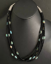 Load image into Gallery viewer, Sterling Silver Multi Strand Black Onyx with Turquoise Bead Necklace. 24 Inch