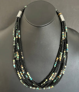 Sterling Silver Multi Strand Black Onyx Turquoise Bead Necklace. 24 Inch