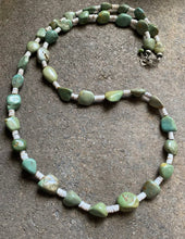 Load image into Gallery viewer, Sterling Silver Green Turquoise Nuggets with Heishi Bead Necklace. 36 inch