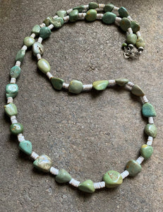 Sterling Silver Green Turquoise Nuggets with Heishi Bead Necklace. 36 inch