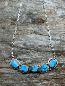 Zuni Sterling Silver Blue Turquoise Bar Chain Necklace. 19 inch. Gloria G