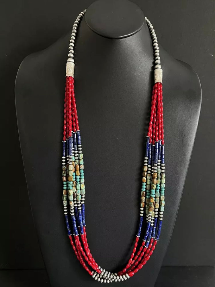38 Inch Sterling Silver Multi Strand Stone Coral Lapis Turquoise Bead Necklace