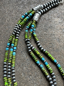 Sterling Silver Multi Strand Blue Green Turquoise Bead Necklace. 24 inch