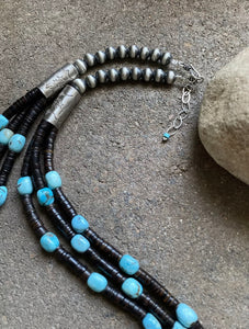 Sterling Silver Layered Multi Strand Turquoise Nuggets Bead Necklace 27 Inch.