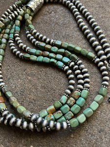 Sterling Silver Multi Strand Green Turquoise Bead Necklace. 30 inch