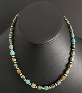 Sterling Silver Blue Green Turquoise W Pearls Bead Necklace. 18 inch