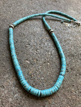 Load image into Gallery viewer, Sterling Silver Graduated Blue Turquoise Heishi Bead Necklace. 18 inch