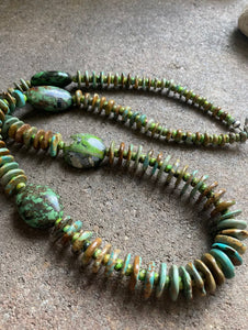 Long Sterling Silver Green Turquoise Bead Necklace. 32 inch