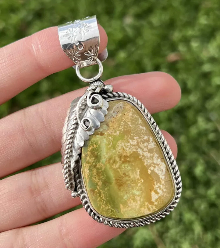 Native American Sterling Silver Green Royston Turquoise Pendant. CS