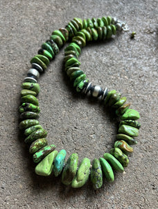Sterling Silver Graduated Green Turquoise Bead Necklace. 18 inch