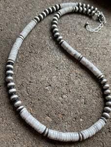 Sterling Silver White Buffalo Turquoise W Navajo Pearls Bead Necklace. 18 inch